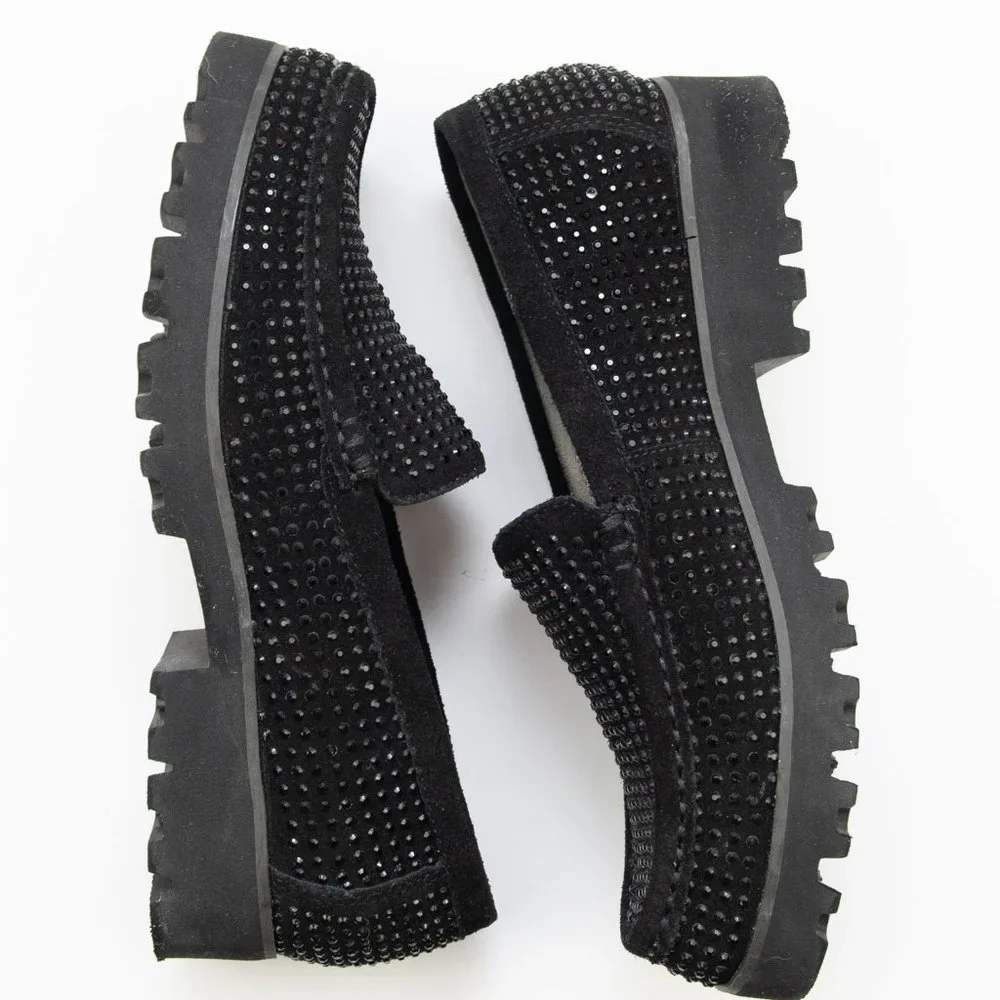 Donald J Pliner Rio Loafers Crystal Embellished Chunky Suede Shoes Black SIze 6 - Picture 4 of 8